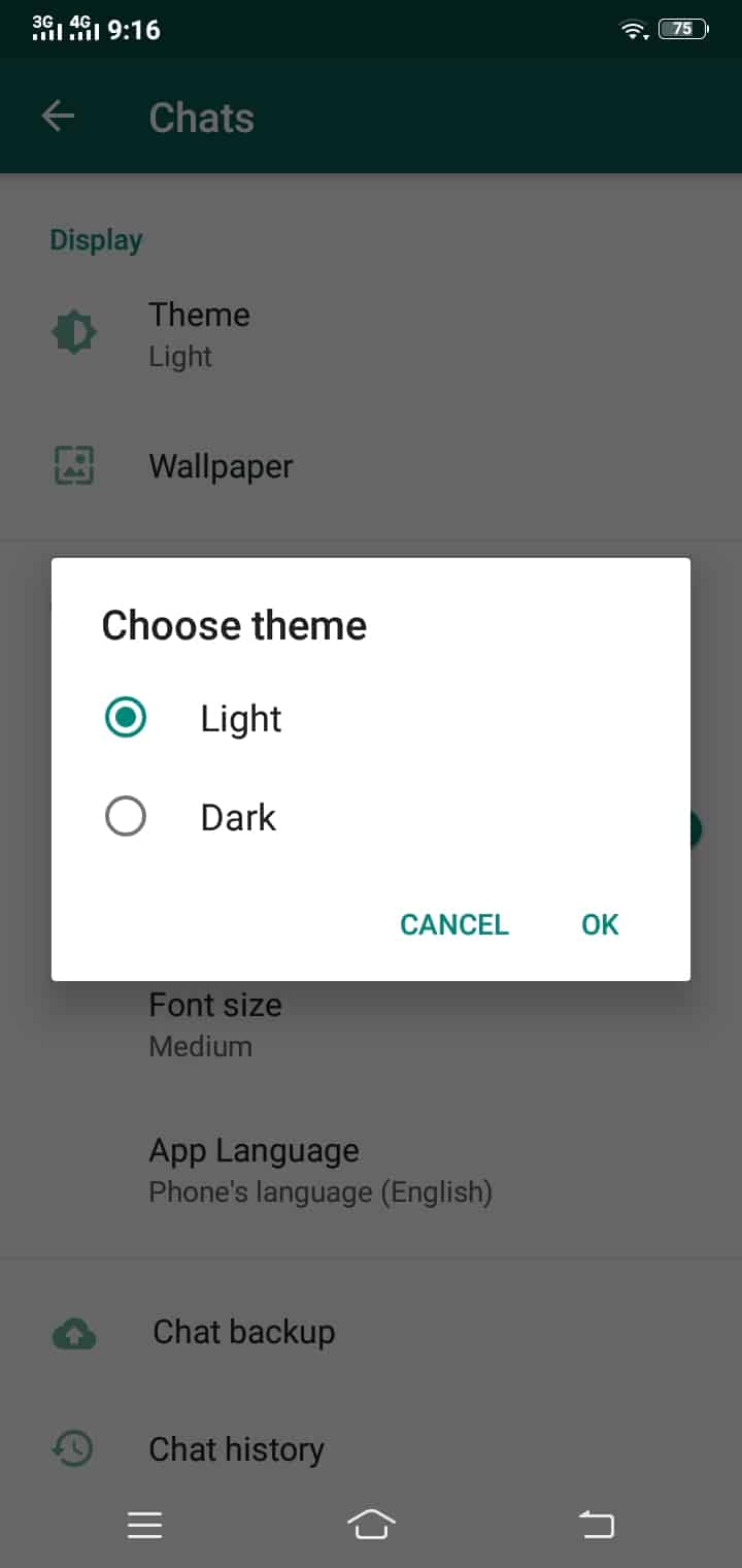 WhatsApp Dark Mode settings