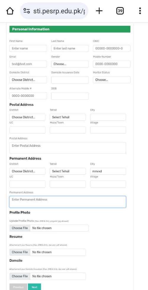 STI Portal Personal information form