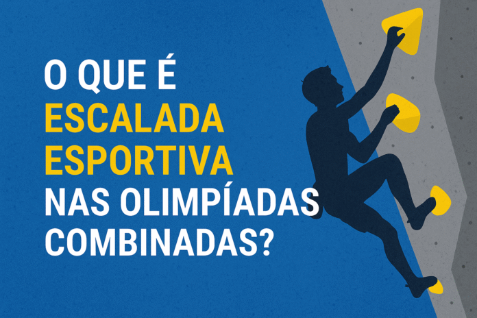 Escalada Esportiva Olimpíadas Combinadas Ilustração de escalador esportivo subindo parede artificial com texto “O que é escalada esportiva nas Olimpíadas combinadas?