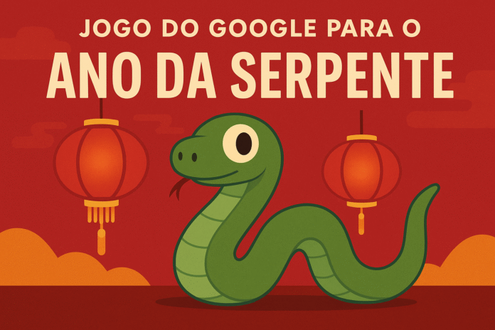 Jogo do Google Ano da Serpente Ilustração colorida do doodle do Google para o Ano da Serpente com cobra verde e lanternas chinesas ao fundo.