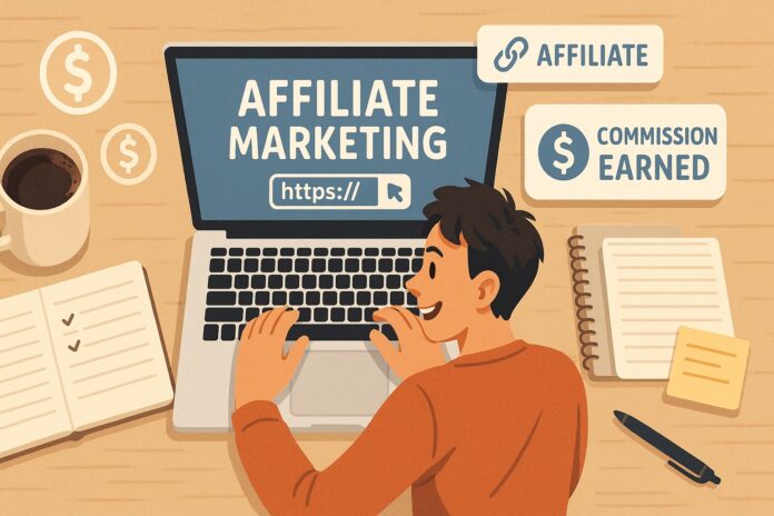 Beginner affiliate marketer working on laptop to make first sale Beginner affiliate marketer working on laptop to make first sale
